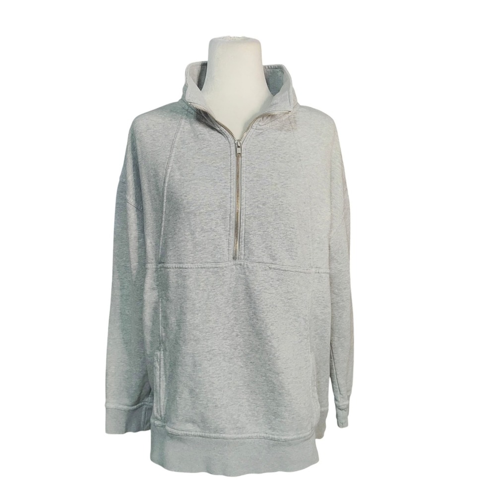 Evereve Quarter Zip Pullover Sweatshirt Light Gray Heather French Terry Sporty M
